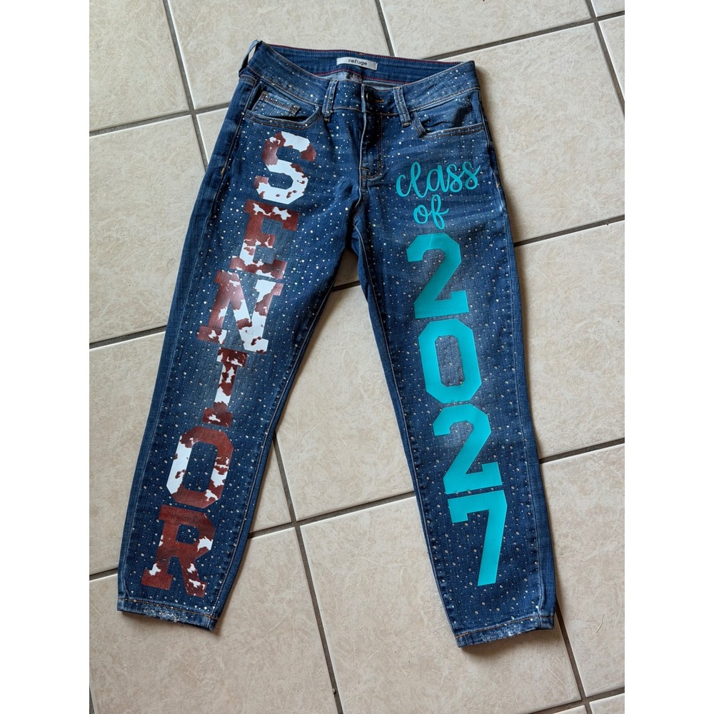 Senior Class of 2027 Rhinestone Cow Print Custom Jeans Blue 26